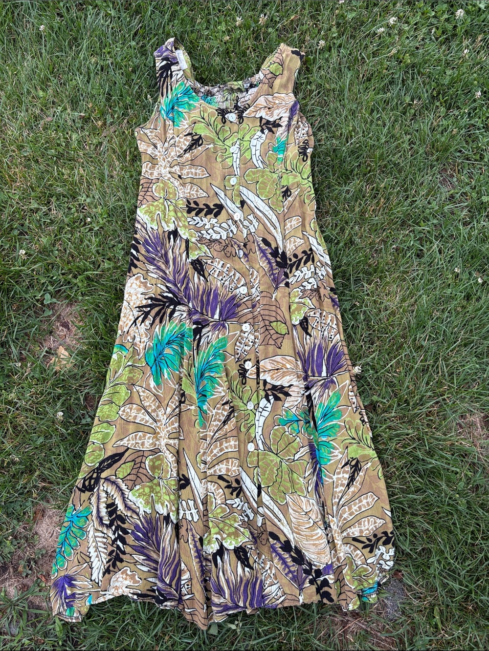 Dress Barn Olive Green Tropical Midi Dress with Teal & Purple Accents